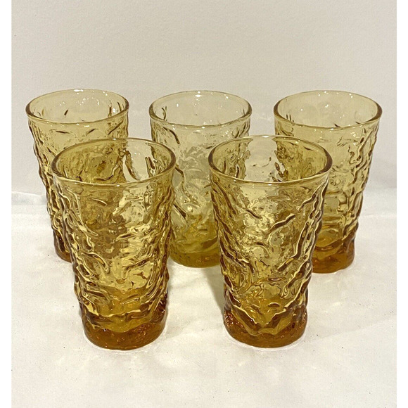Anchor Hocking Milano 4" Juice Glasses set (5) Amber Gold Color Glass Retro Chic